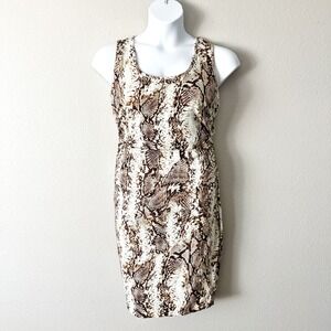 Cache Snakeskin Print‎ Jersey Sleeveless Ruched Sheath Dress Brown Mint Size XL